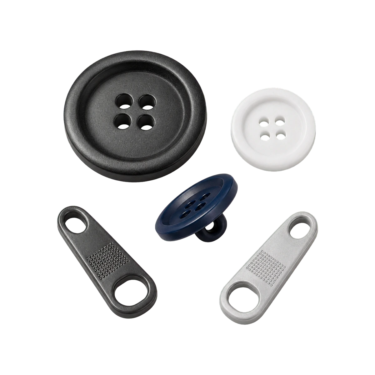 Garment accessory samples: four-hole plastic buttons and zipper pulls