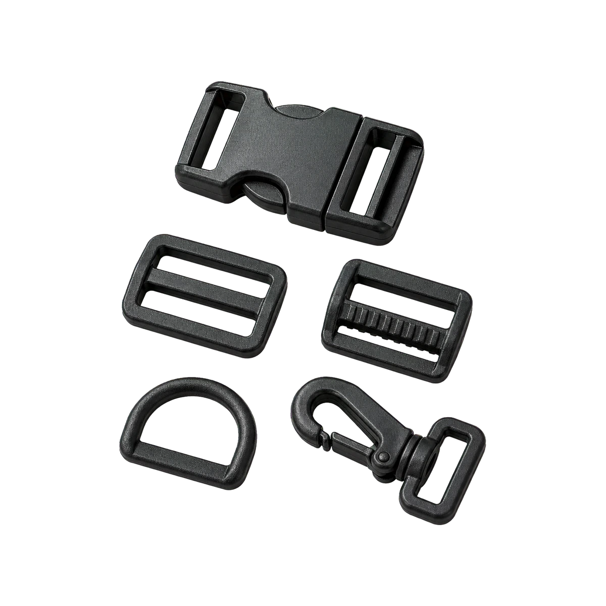 Bag hardware samples: side-release buckle, tri-glide, ladder lock, D-ring and swivel snap hook